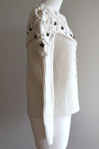 80s Hand Knit Off White Wool Puff Sleeve Austrian Cardigan
