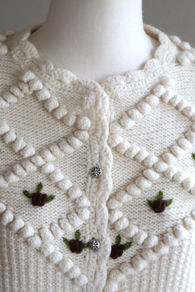 80s Hand Knit Off White Wool Puff Sleeve Austrian Cardigan