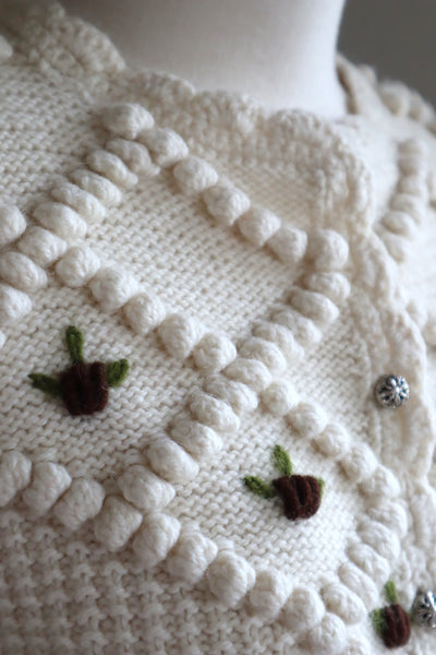 80s Hand Knit Off White Wool Puff Sleeve Austrian Cardigan