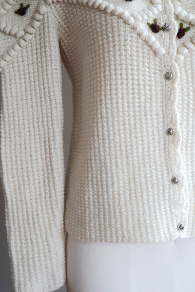 80s Hand Knit Off White Wool Puff Sleeve Austrian Cardigan
