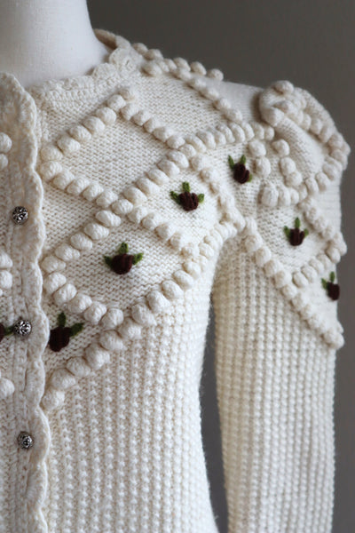 80s Hand Knit Off White Wool Puff Sleeve Austrian Cardigan