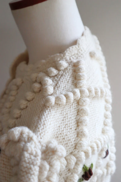 80s Hand Knit Off White Wool Puff Sleeve Austrian Cardigan