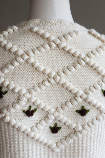 80s Hand Knit Off White Wool Puff Sleeve Austrian Cardigan