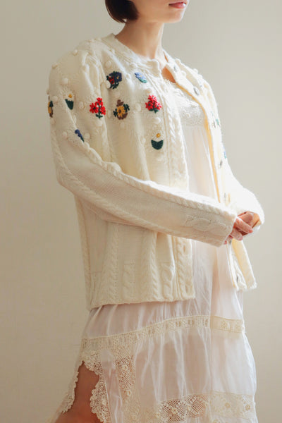 80s~90s Holland Flower Embroidered Wool Knit Cardigan