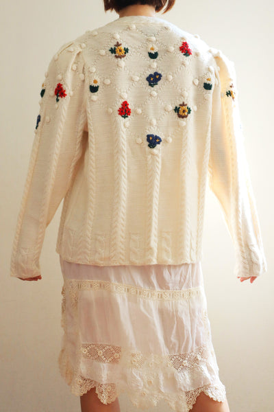 80s~90s Holland Flower Embroidered Wool Knit Cardigan