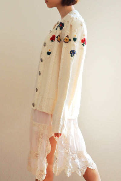 80s~90s Holland Flower Embroidered Wool Knit Cardigan