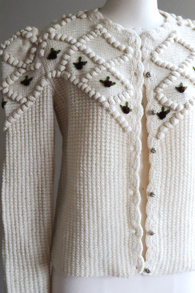 80s Hand Knit Off White Wool Puff Sleeve Austrian Cardigan
