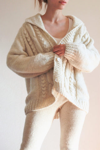 Hand Knit High-Quality Sheep Wool Cardigan White