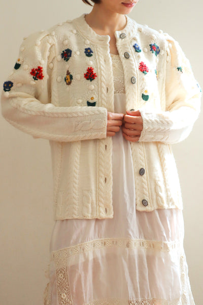 80s~90s Holland Flower Embroidered Wool Knit Cardigan