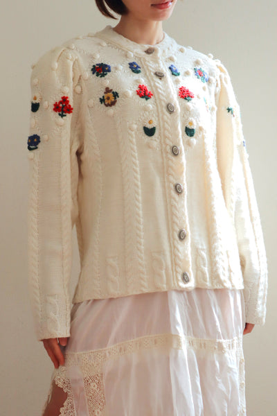 80s~90s Holland Flower Embroidered Wool Knit Cardigan