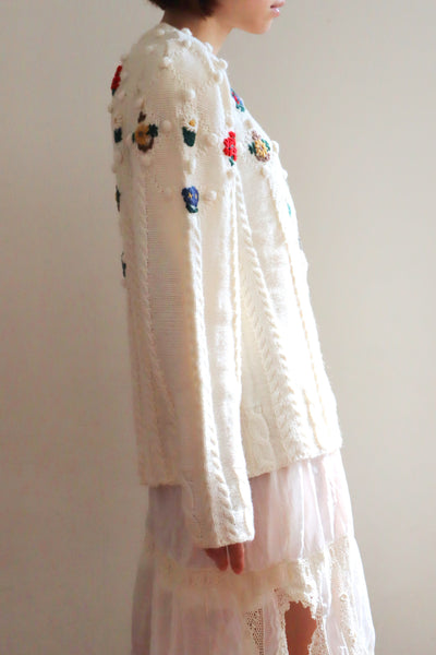 80s~90s Holland Flower Embroidered Wool Knit Cardigan