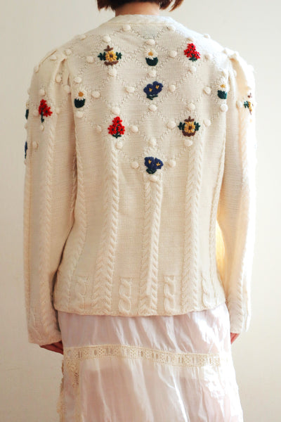 80s~90s Holland Flower Embroidered Wool Knit Cardigan