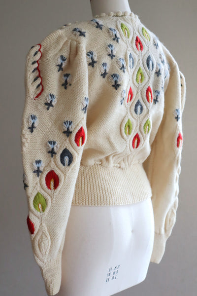 80s Beautiful Leaf Embroidery Bavarian Cardigan