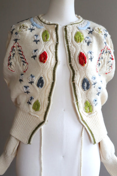 80s Beautiful Leaf Embroidery Bavarian Cardigan