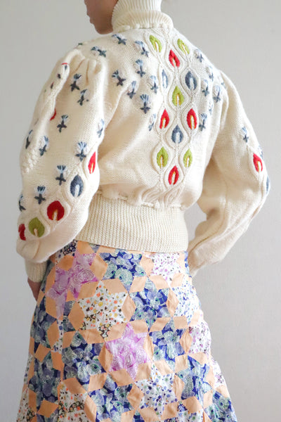 80s Beautiful Leaf Embroidery Bavarian Cardigan