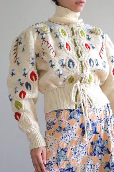 80s Beautiful Leaf Embroidery Bavarian Cardigan