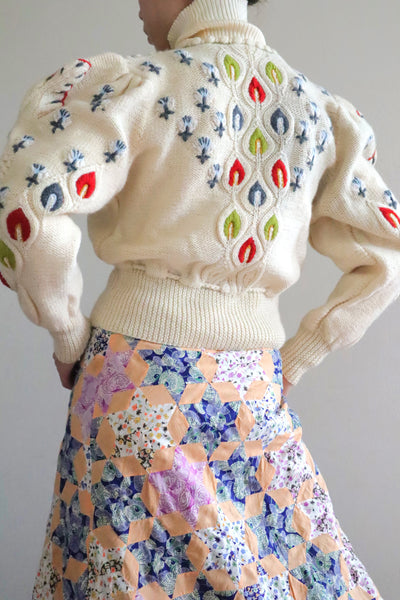 80s Beautiful Leaf Embroidery Bavarian Cardigan