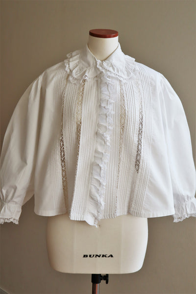 1900s Bobbin Lace Frill Collar White Cotton Blouse