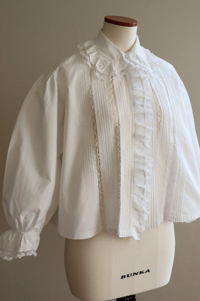 1900s Bobbin Lace Frill Collar White Cotton Blouse