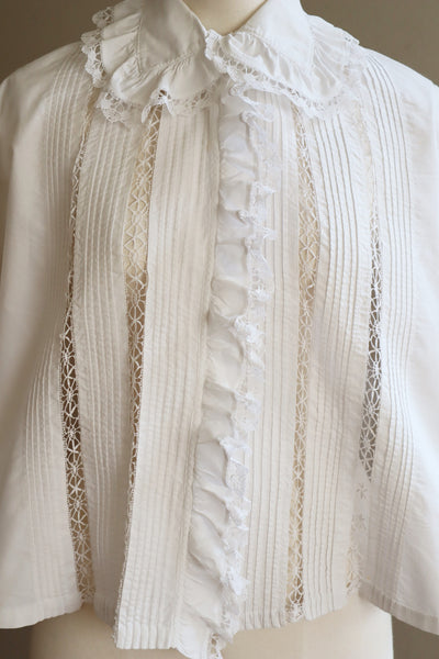 1900s Bobbin Lace Frill Collar White Cotton Blouse