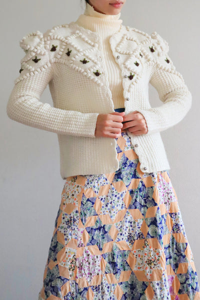 80s Hand Knit Off White Wool Puff Sleeve Austrian Cardigan