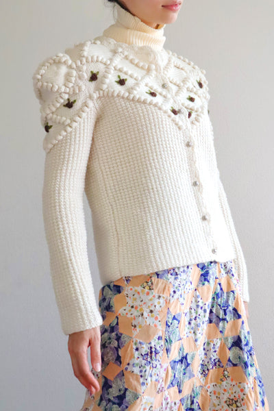 80s Hand Knit Off White Wool Puff Sleeve Austrian Cardigan