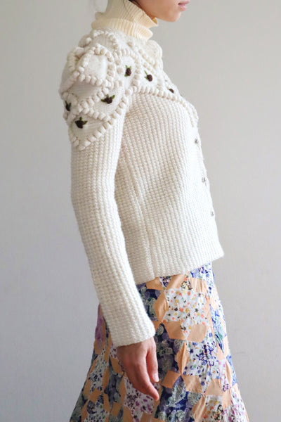 80s Hand Knit Off White Wool Puff Sleeve Austrian Cardigan