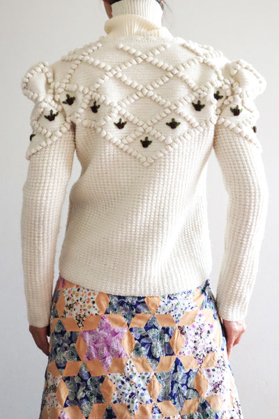 80s Hand Knit Off White Wool Puff Sleeve Austrian Cardigan