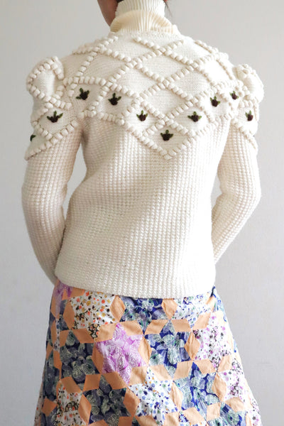 80s Hand Knit Off White Wool Puff Sleeve Austrian Cardigan