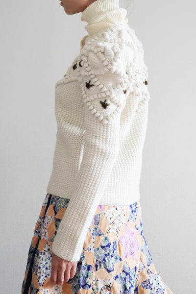 80s Hand Knit Off White Wool Puff Sleeve Austrian Cardigan