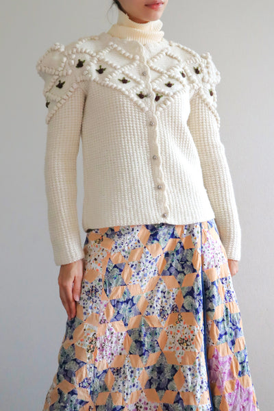 80s Hand Knit Off White Wool Puff Sleeve Austrian Cardigan