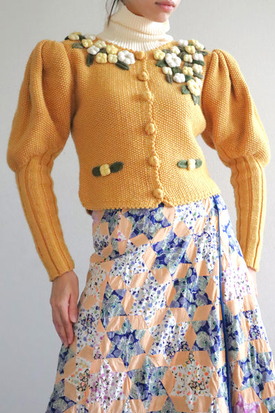 80s Hand Knit Mustard Yellow Wool Austrian Cardigan