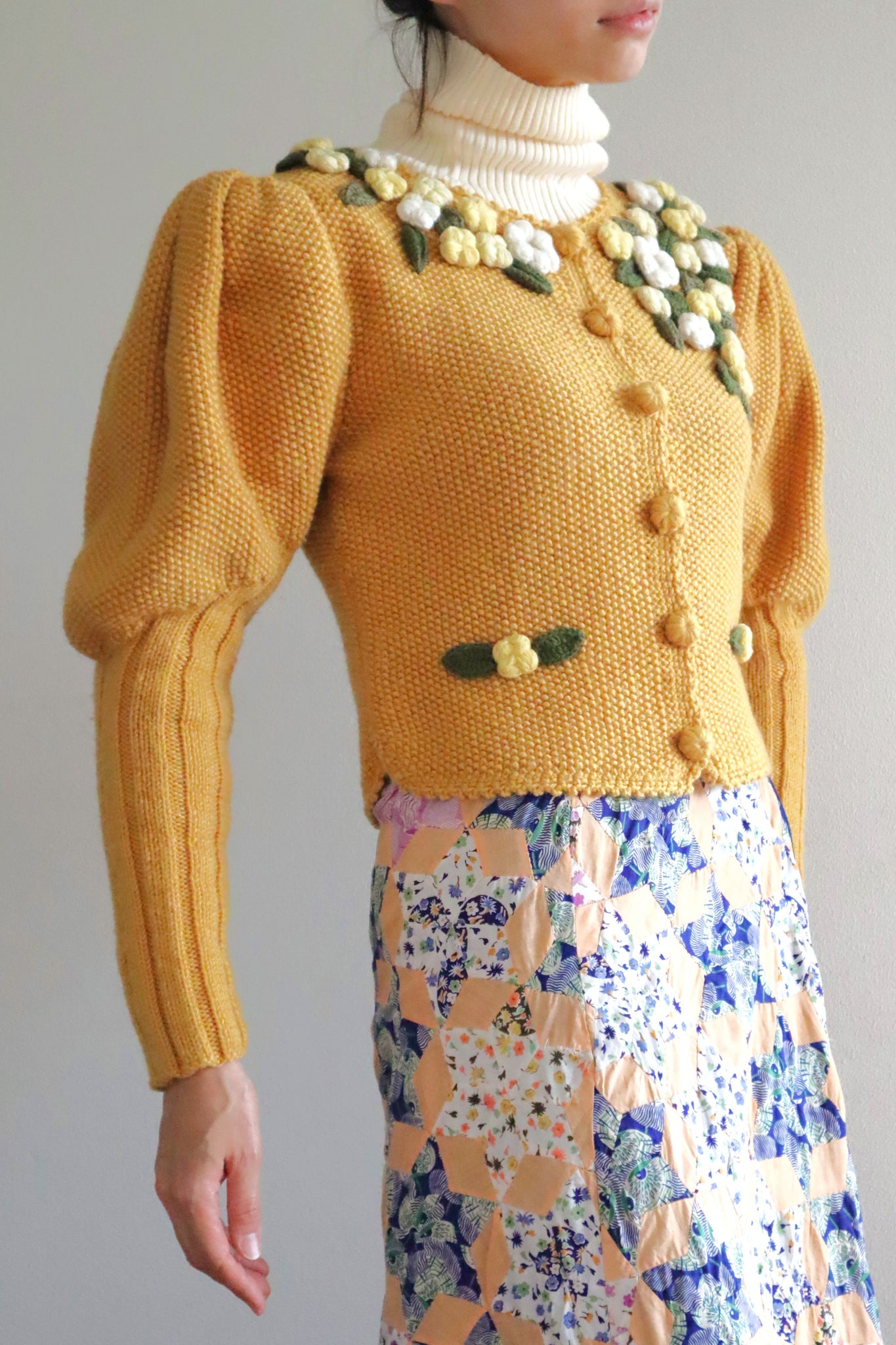 80s Hand Knit Mustard Yellow Wool Austrian Cardigan