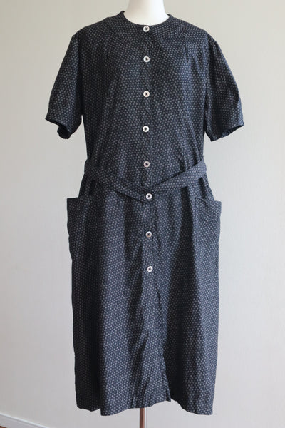 1920s French Black Patterned Cotton Work Dress