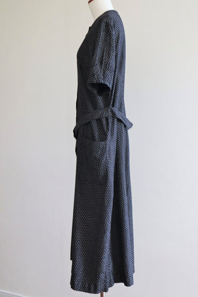 1920s French Black Patterned Cotton Work Dress