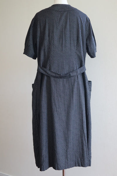 1920s French Black Patterned Cotton Work Dress