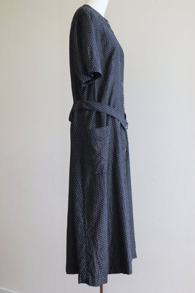 1920s French Black Patterned Cotton Work Dress